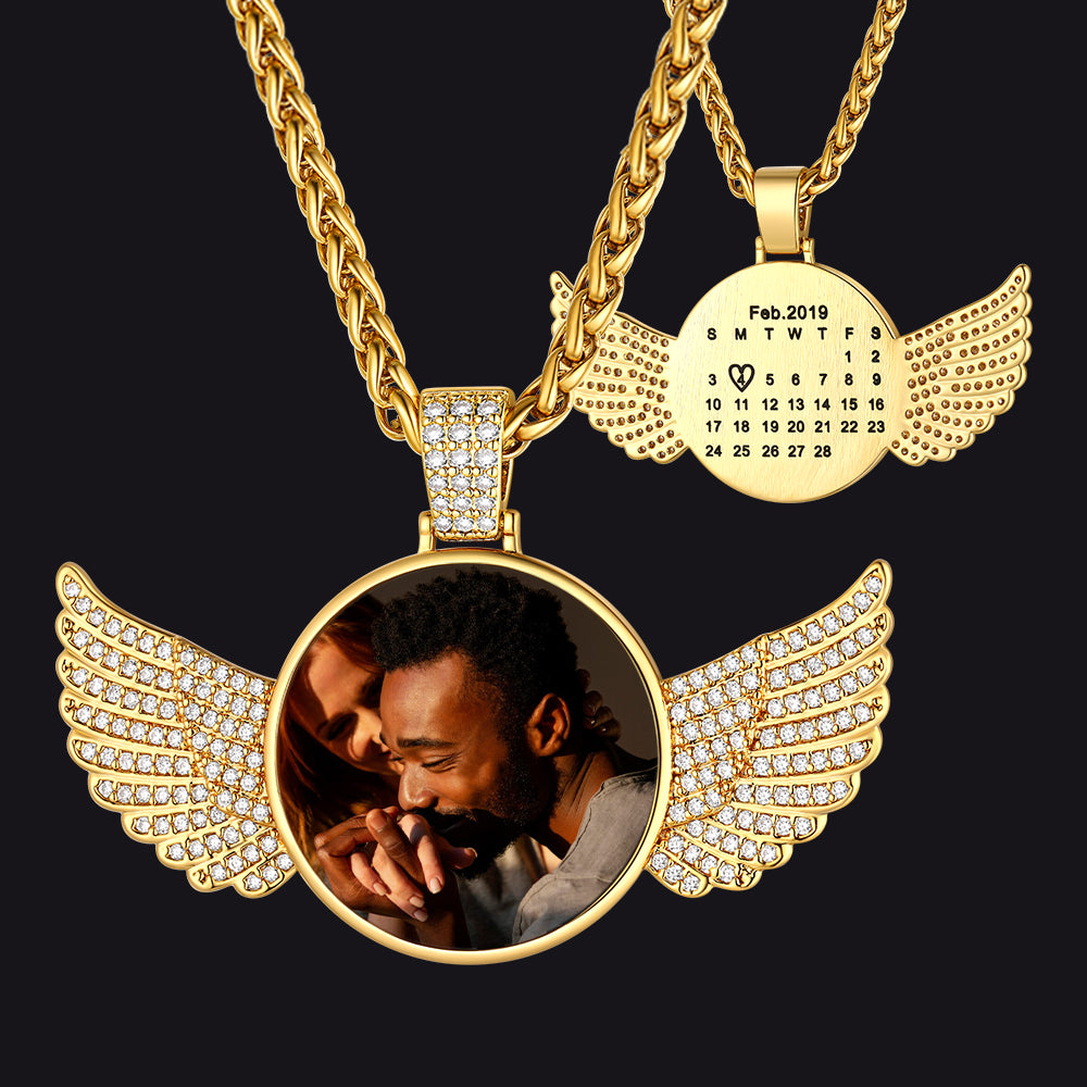 Custom CZ Wing Photo Picture Necklace with Calendar