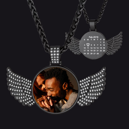 Custom CZ Wing Photo Picture Necklace with Calendar