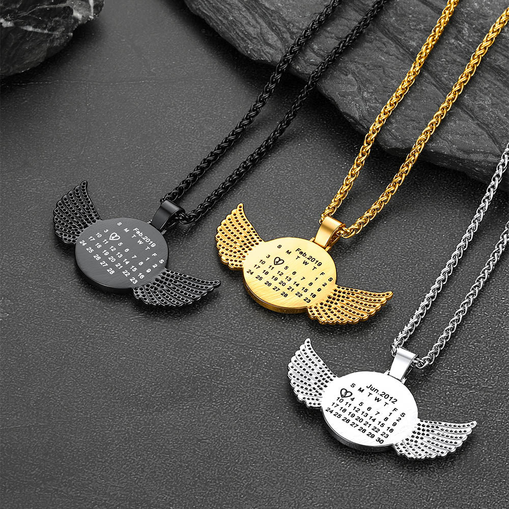 Custom CZ Wing Photo Picture Necklace with Calendar