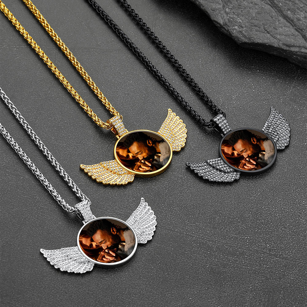 Custom CZ Wing Photo Picture Necklace with Calendar