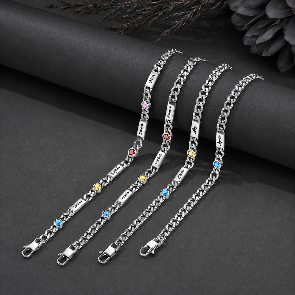 Custom 1-4 Names Cuban Chain Bracelet with Birthstone