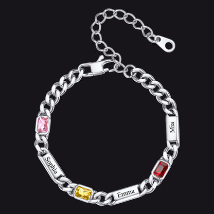 Custom 1-4 Names Cuban Chain Bracelet with Birthstone 5MM