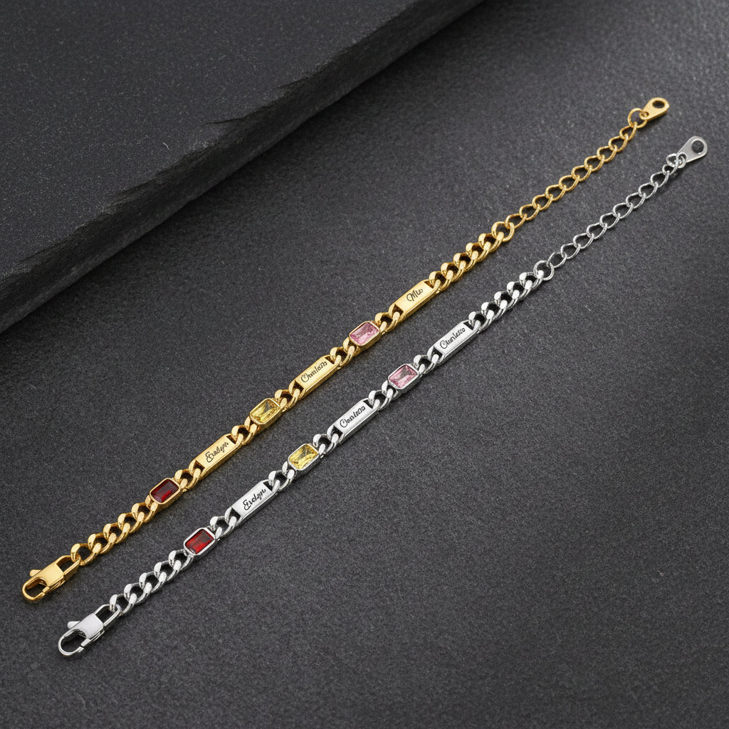 Custom 1-4 Names Cuban Chain Bracelet with Birthstone in different color