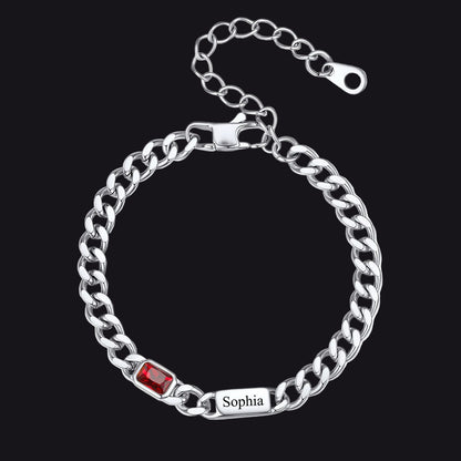 Custom 1 Name Cuban Chain Bracelet with rectangle Birthstone on a white background