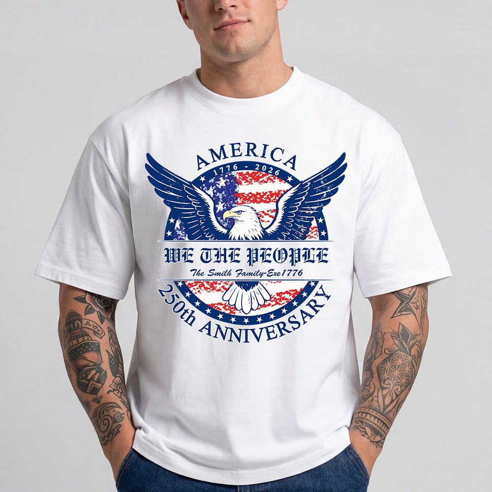White t-shirt with American-themed design featuring an eagle and text on a gray background