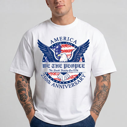 White t-shirt with American-themed design featuring an eagle and text on a gray background