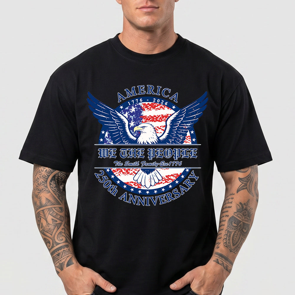 Black t-shirt with USA bald eagle graphic and text on a plain background