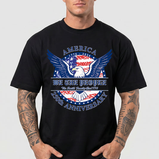 Black t-shirt with USA bald eagle graphic and text on a plain backgroundimg