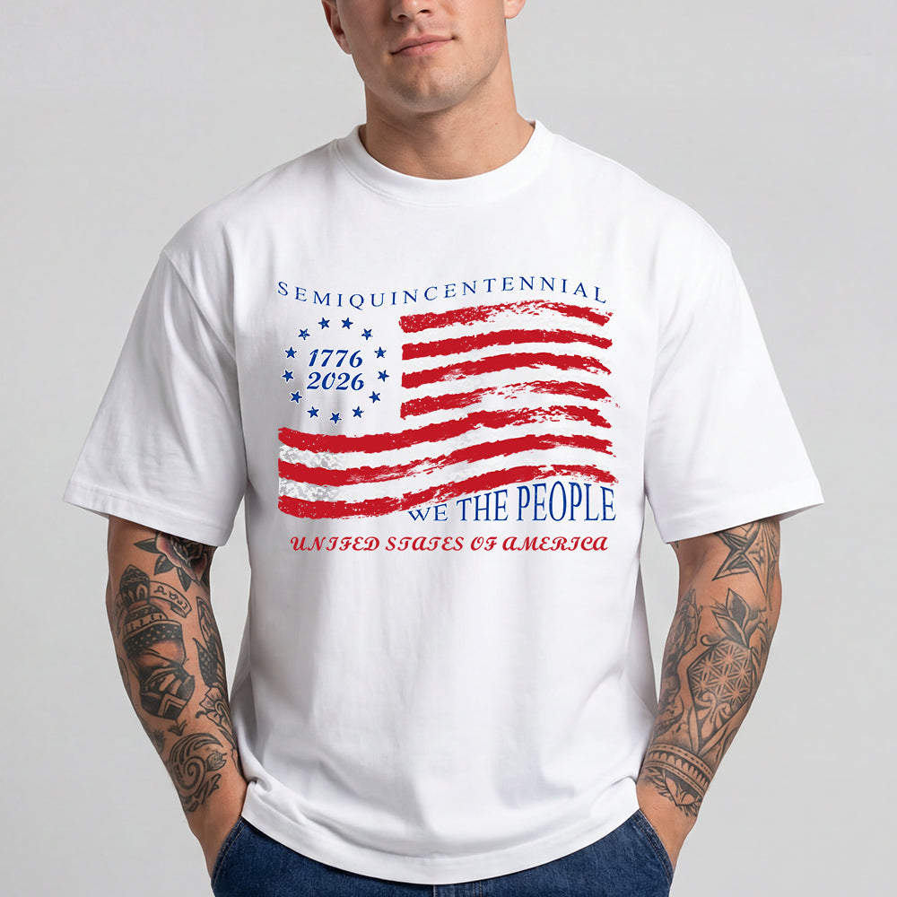 Person wearing a white USA Flag Patriotic T-Shirt with a red, white, and blue design on a gray background