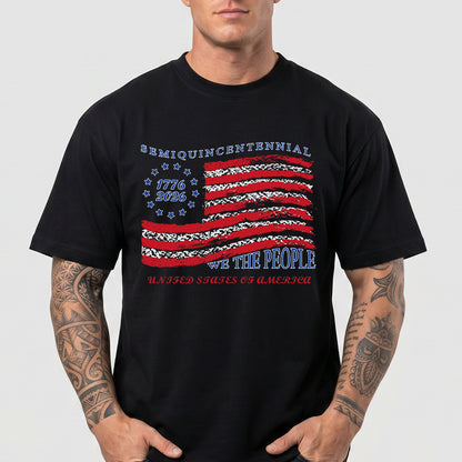 Person wearing a black USA Flag Patriotic T-Shirt on a plain background