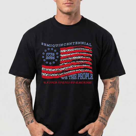 Person wearing a black USA Flag Patriotic T-Shirt on a plain backgroundimg