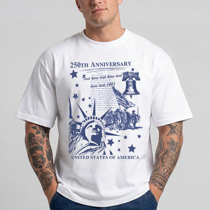 White t-shirt with 250th Anniversary design featuring the Statue of Liberty and bald eagle on a gray background.