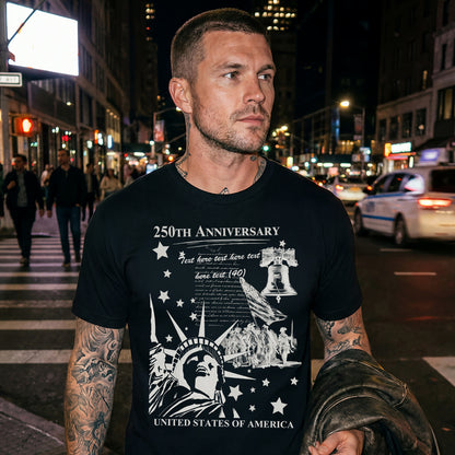 Man wearing a black t-shirt with a graphic design on a city street at night.