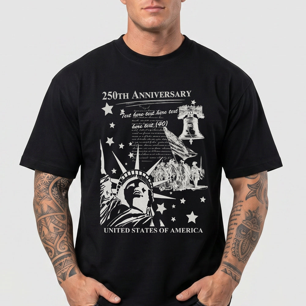 Black t-shirt with white graphic design featuring the Statue of Liberty and text on a gray background