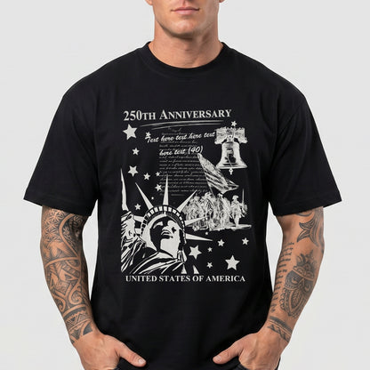 Black t-shirt with white graphic design featuring the Statue of Liberty and text on a gray background