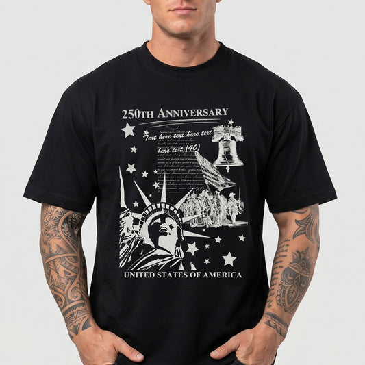 Black t-shirt with white graphic design featuring the Statue of Liberty and text on a gray backgroundimg