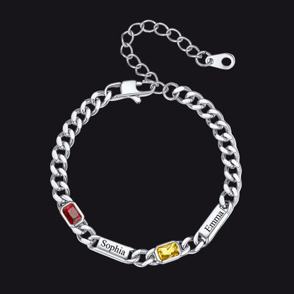 Custom 2 Name Cuban Chain Bracelet with rectangle Birthstone on a white background
