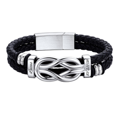 Custom 2 Name Infinity Love Knot Leather Bracelet for Men on a white background