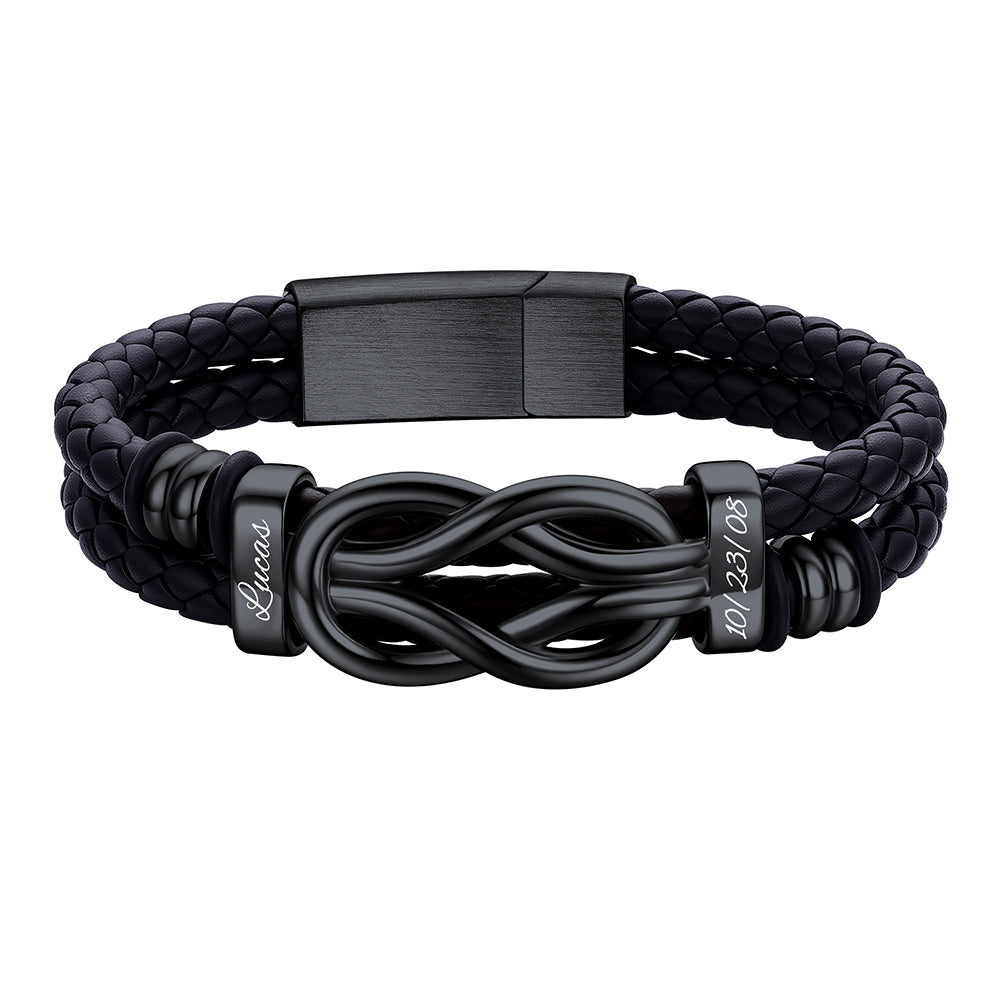 Custom 2 Name Infinity Love Knot Leather Bracelet for Men on a white background Black Plated
