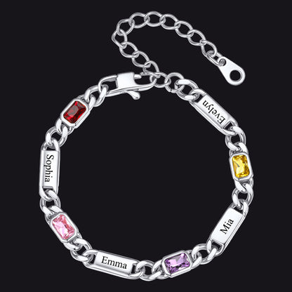 Custom 4 Name Cuban Chain Bracelet with rectangle Birthstone on a white background