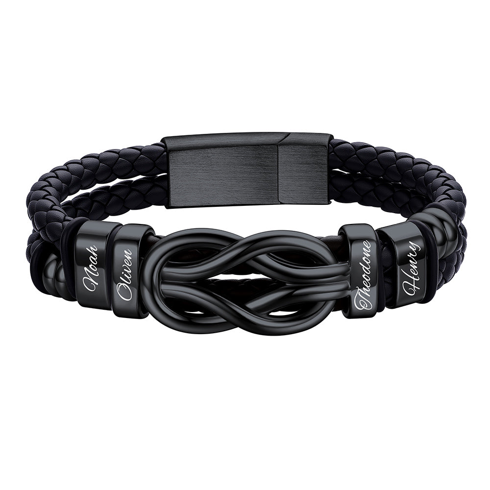 Custom 4 Name Infinity Love Knot Leather Bracelet for Men on a white background Black Plated