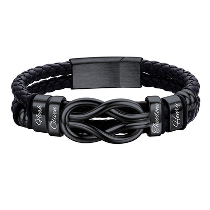 Custom 4 Name Infinity Love Knot Leather Bracelet for Men on a white background Black Plated