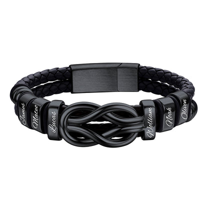 Custom 6 Name Infinity Love Knot Leather Bracelet for Men on a white background