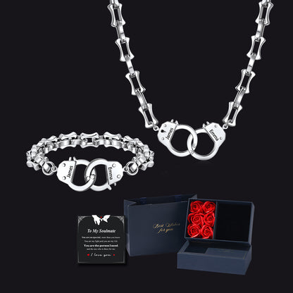 Custom Bamboo Link Handcuff Necklace & Bracelet Gift Set