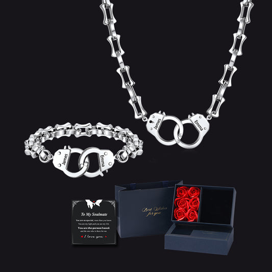 Custom Bamboo Link Handcuff Necklace & Bracelet Gift Set for Men Coupleimg