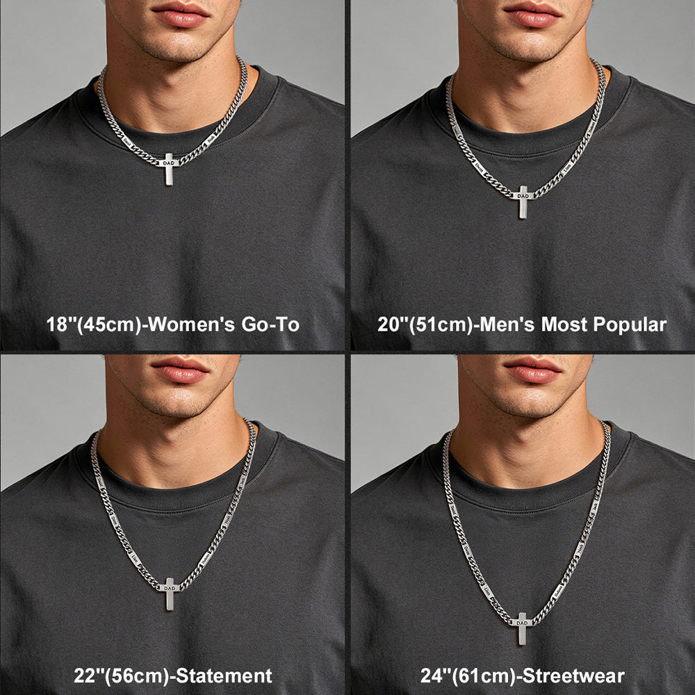 Four views of a custom name necklace with different lengths on a gray background