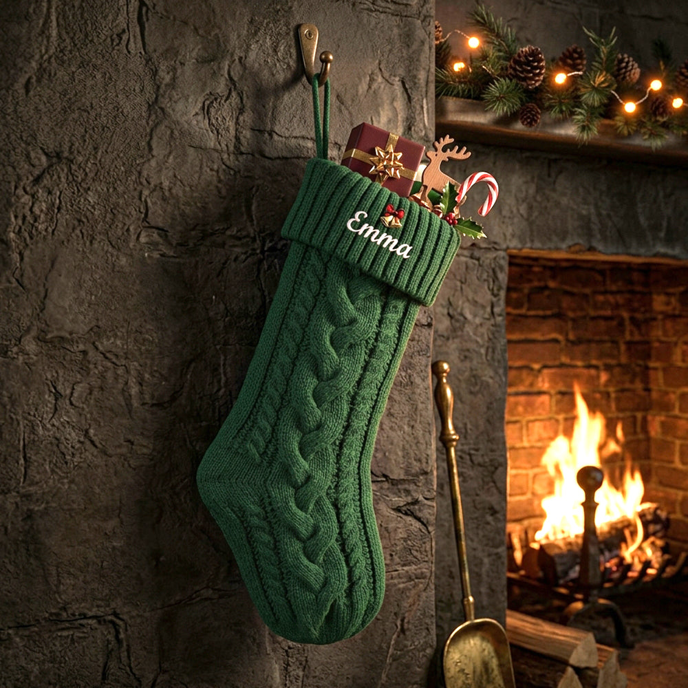 A dark green cable-knit Christmas stocking hangs on a rustic stone wall beside a burning fireplace. 
