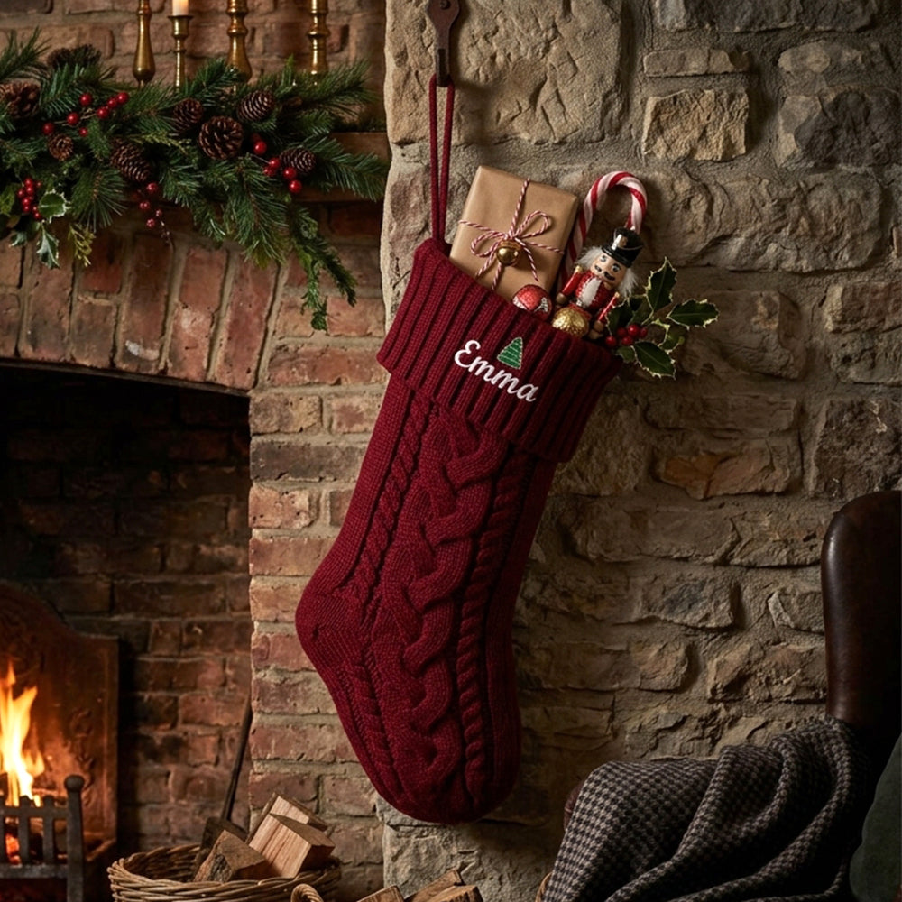 A red cable-knit Christmas stocking hangs on a rustic stone wall beside a burning fireplace.