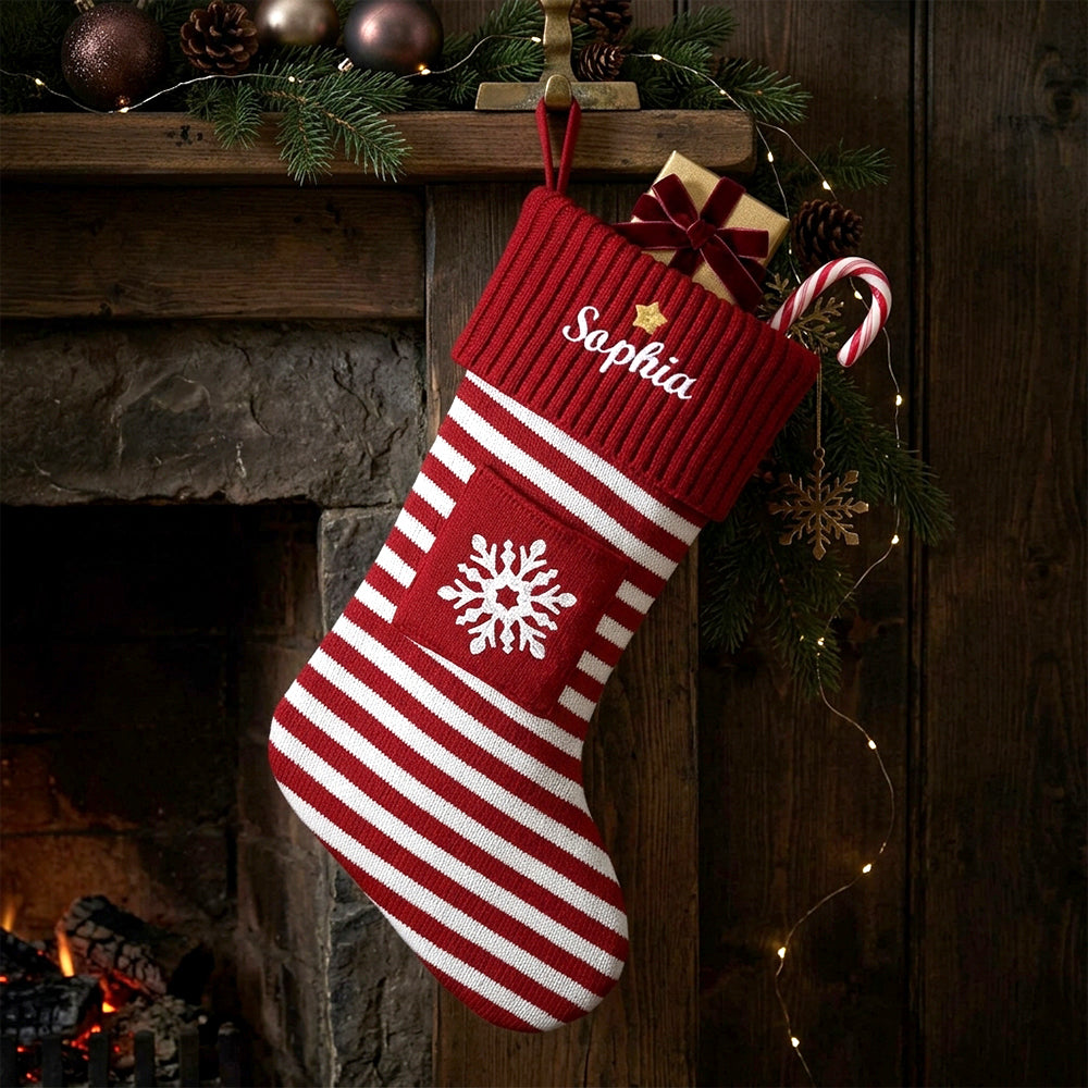 A personalized Christmas stocking hanging on a rustic fireplace mantel. 