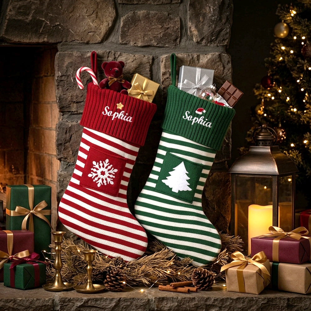 Two personalized Christmas stockings hang by a stone fireplace. 