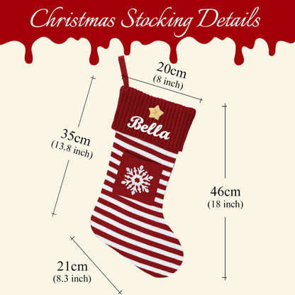 A product information graphic for a personalized Christmas stocking. 