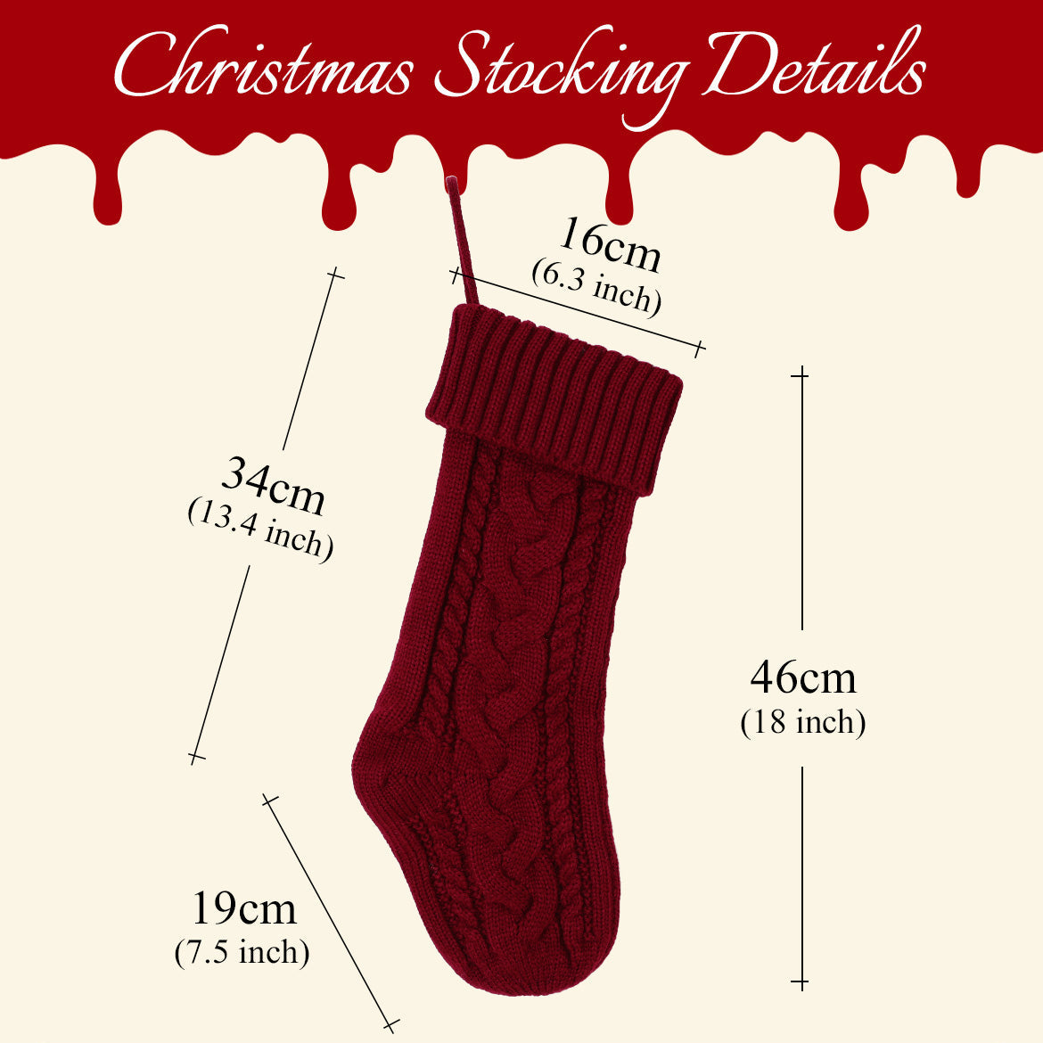 A Christmas stocking detail graphic with labeled dimensions.