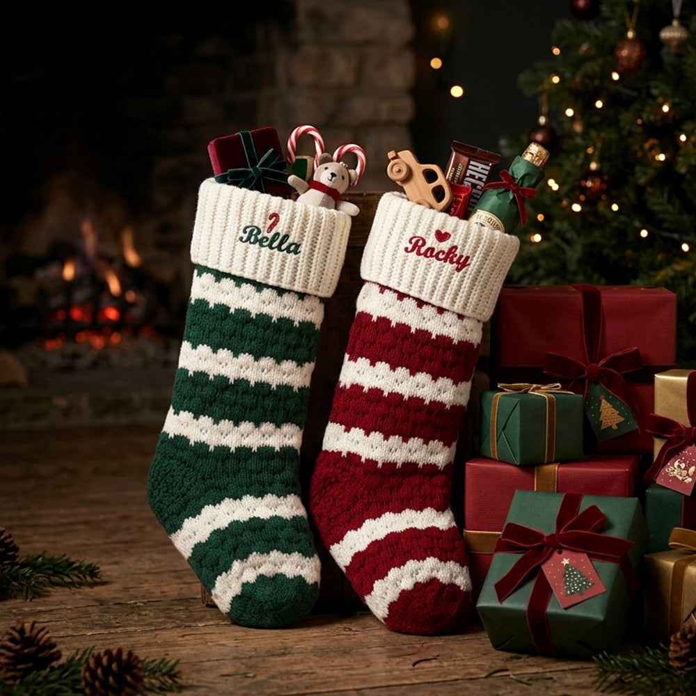 Two personalized Christmas stockings, styled with gifts and ornaments next to a decorated Christmas tree and fireplace.