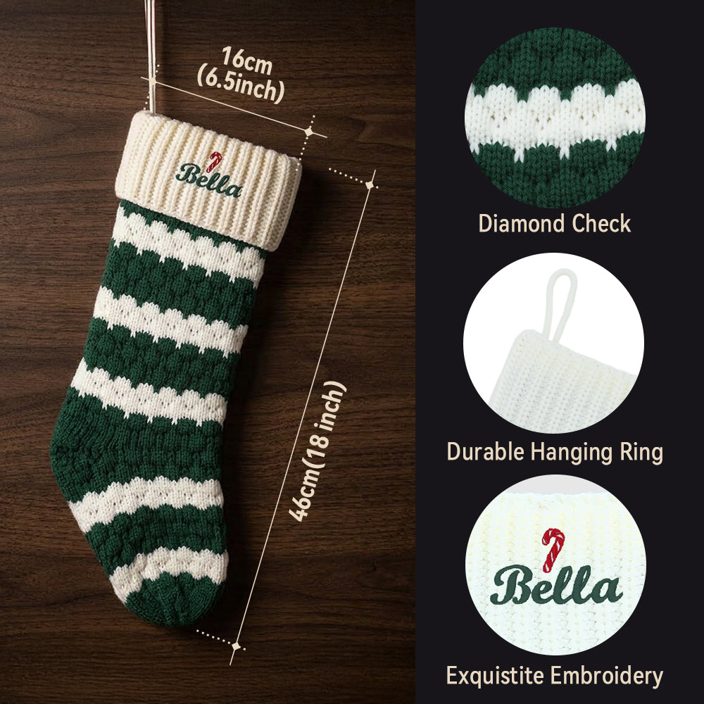 A knitted Christmas stocking with size measurements and feature callouts on the right.