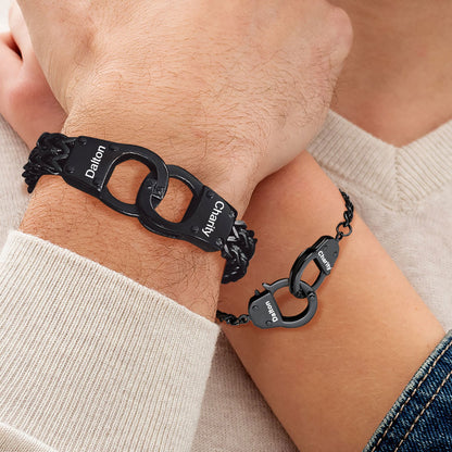 Black Custom Engraved  Text Handcuffs Chain Bracelet Gift Set for Couple