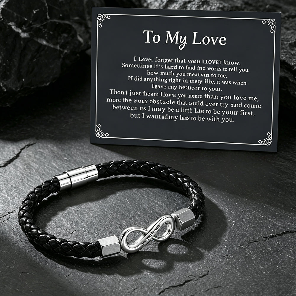 Custom engraved infinity braided leather bracelet with a gift card