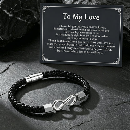 Custom engraved infinity braided leather bracelet with a gift card