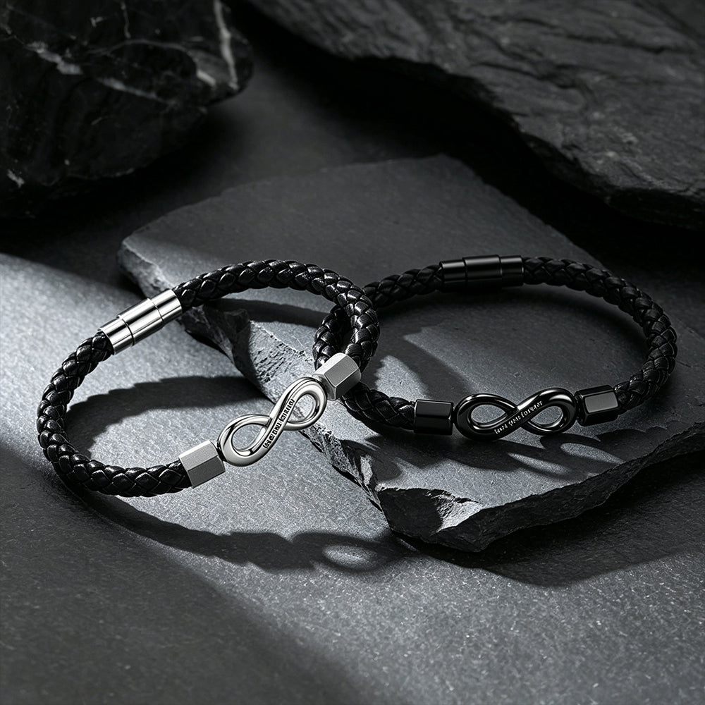 Custom engraved infinity leather bracelets in multiple colors – black, silver braided wristbands