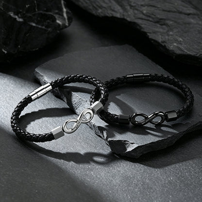 Custom engraved infinity leather bracelets in multiple colors – black, silver braided wristbands