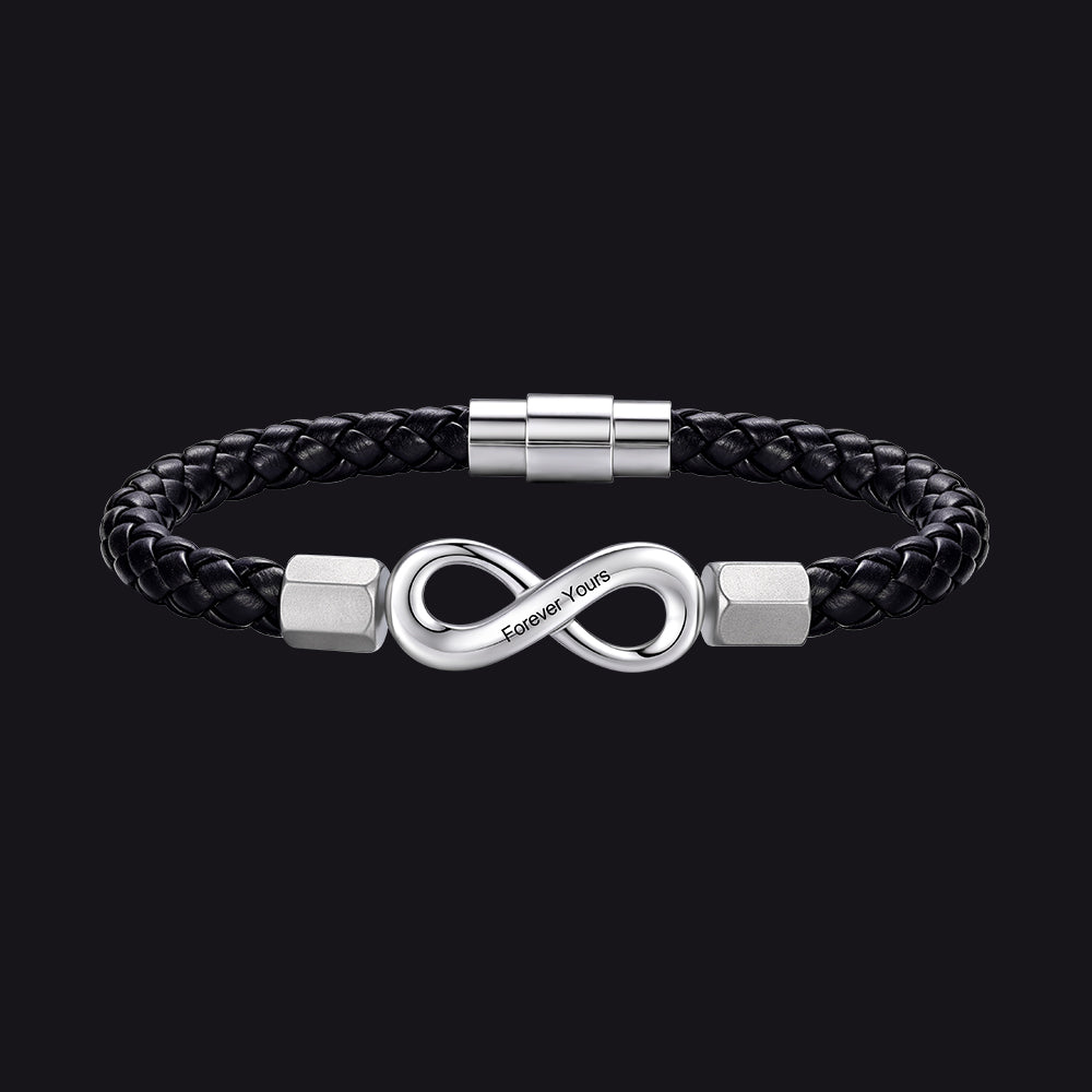 Custom engraved infinity leather bracelet braided wristband for men