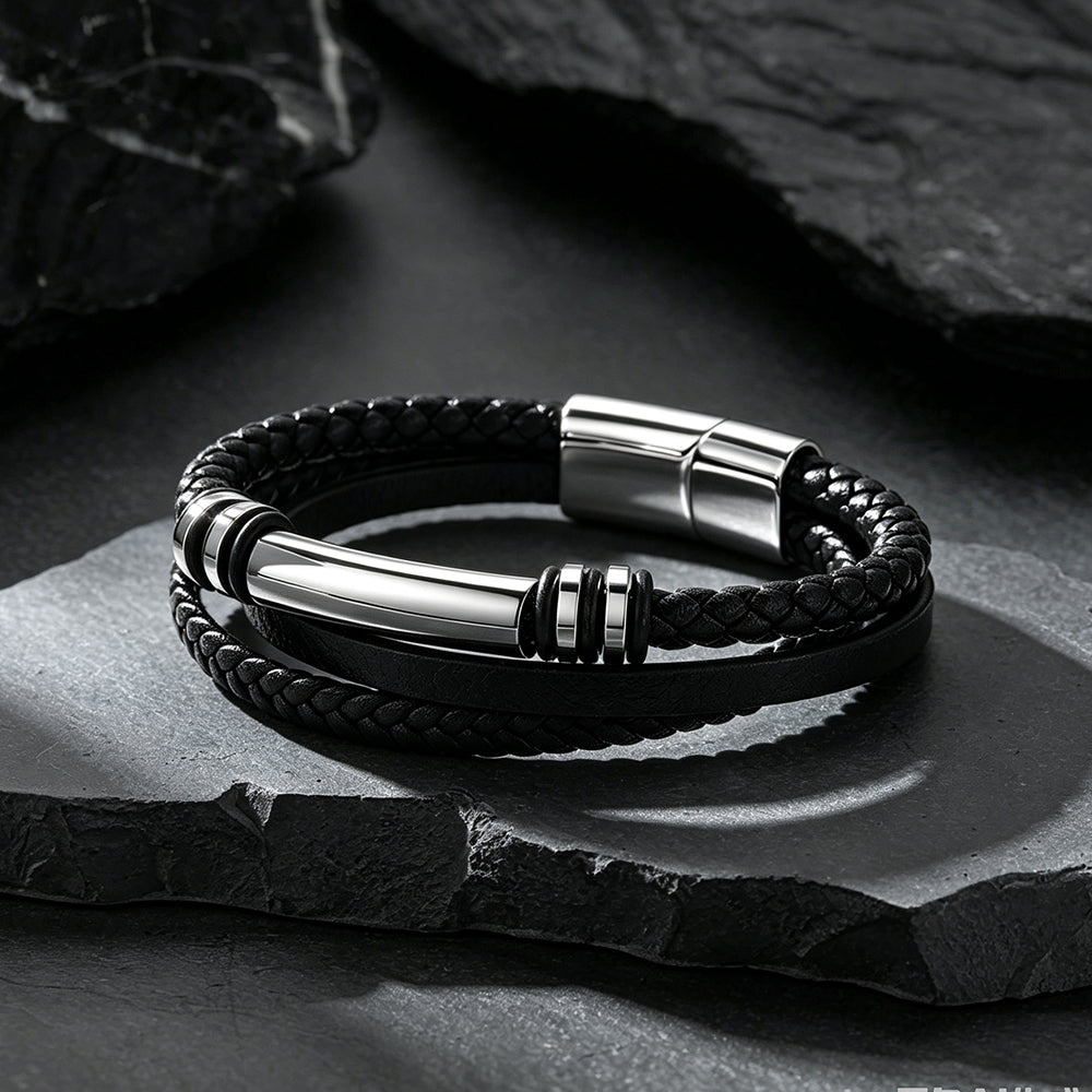 Custom engraved multi-layered leather bracelet braided wristband for men