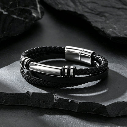 Custom engraved multi-layered leather bracelet braided wristband for men