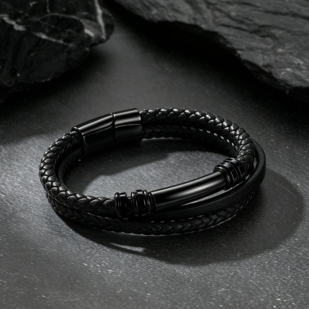 Custom engraved multi-layered leather bracelet braided wristband for men