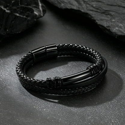 Custom engraved multi-layered leather bracelet braided wristband for men