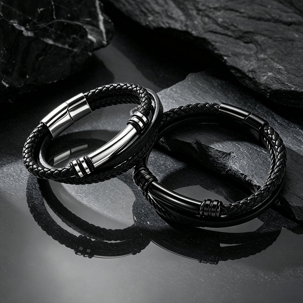 Custom engraved multi-layered leather bracelets in multiple colors – black, silver braided wristbands