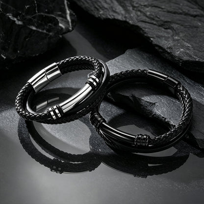 Custom engraved multi-layered leather bracelets in multiple colors – black, silver braided wristbands